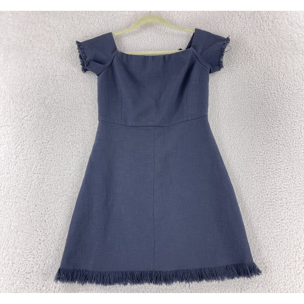 Rebecca Taylor Dress Women Size 0 Blue Knit Off the Shoulder Frayed Hem Business